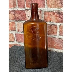 Antique Amber Glass Bottle Patented 1902 TS Monogram Embossed Apothecary Brown